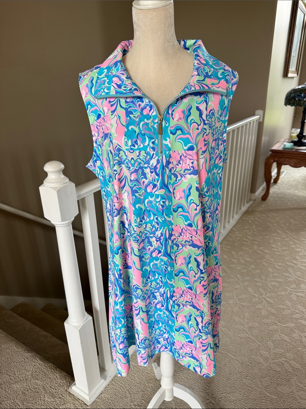 Lulu-B Sleeveless Zip-Front Shift Dress in Aqua, Pink and Teal Swirl